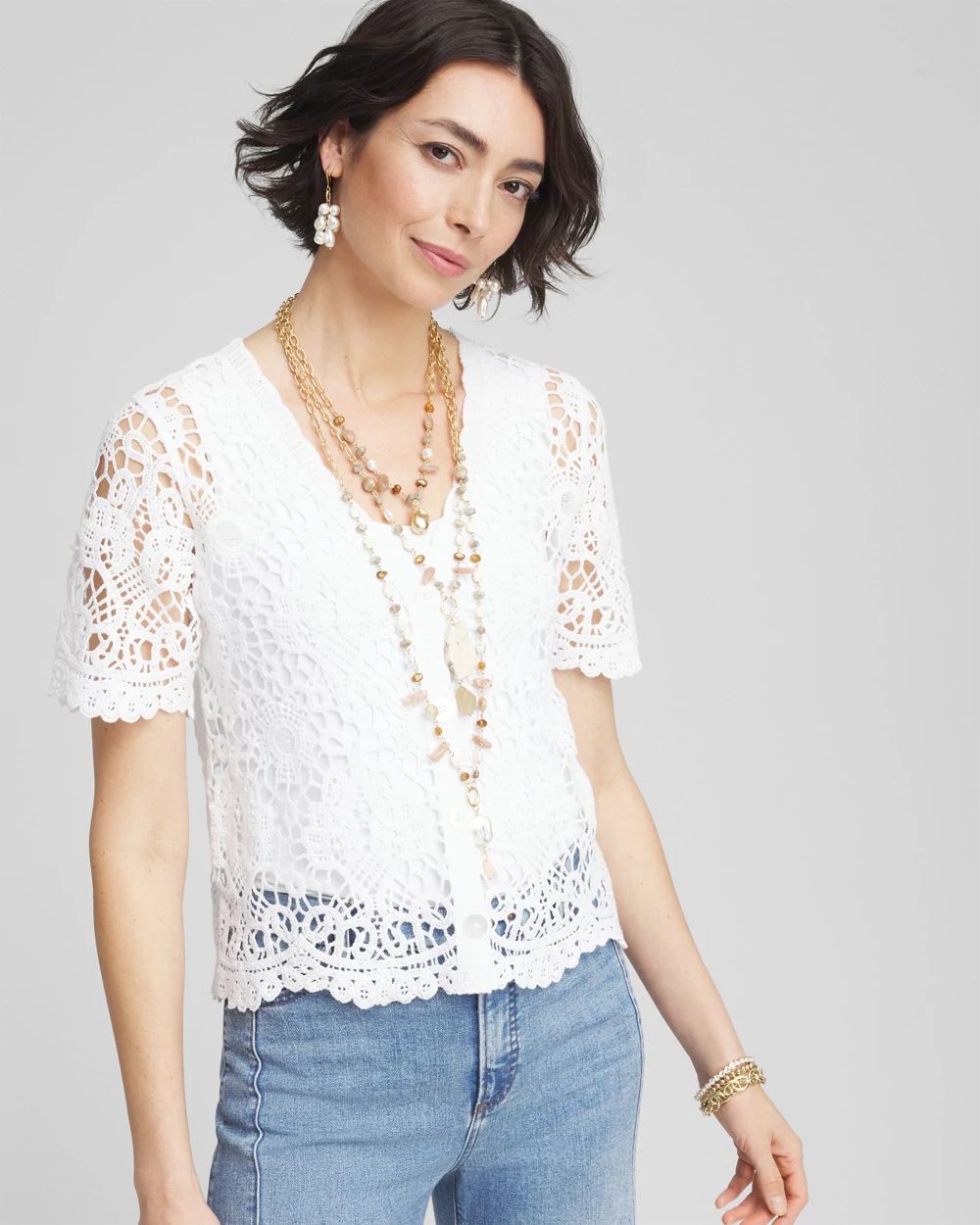 ★★ ★★ Crochet short sleeve cardigan T22F1KC Crochet-Style Short-Sleeved Cardigan | Chico's